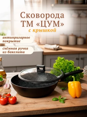 Сковорода ТМ "ЦУМ" глубокая с крышкой, 28-30 см