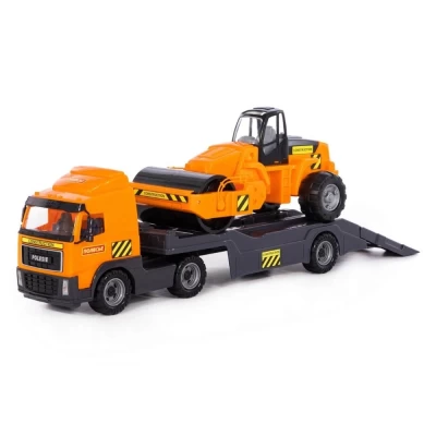 Автомобиль-трейлер + дорожный каток в сеточке