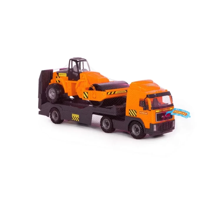 Автомобиль-трейлер + дорожный каток в сеточке