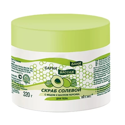 Скраб Витэкс для тела Баня Сауна Массаж солевой с медом и маслом персика 320мл